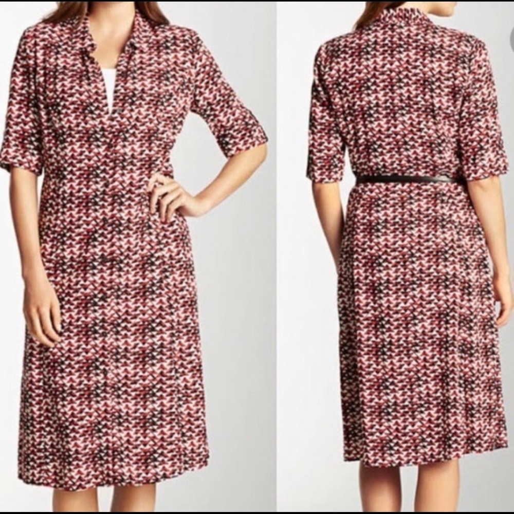 J. Jill size 14P collared shirt dress red white black triangle pattern knee lgth